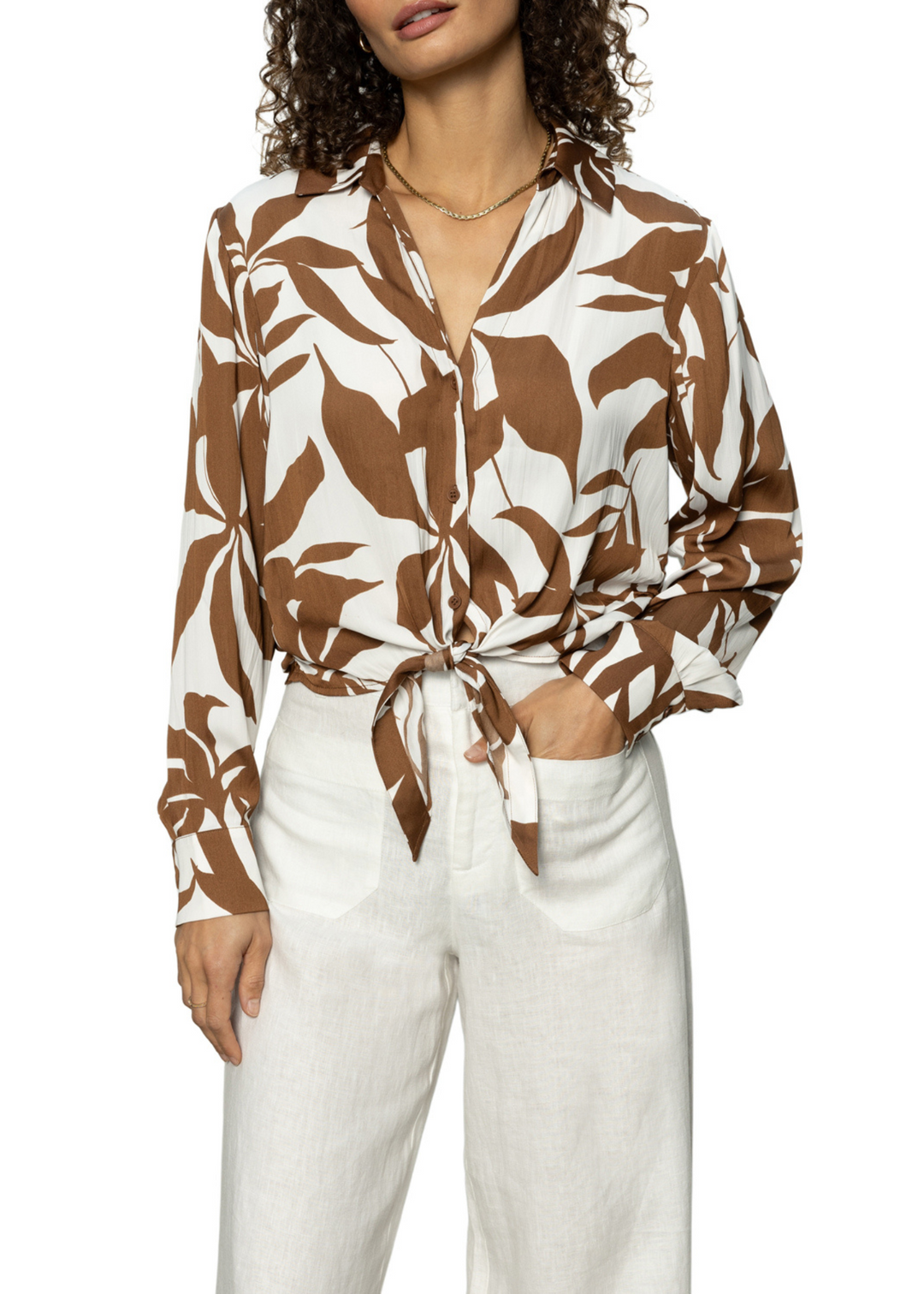 Sanctuary Clothing Brown and cream floral print cropped tie front button down top