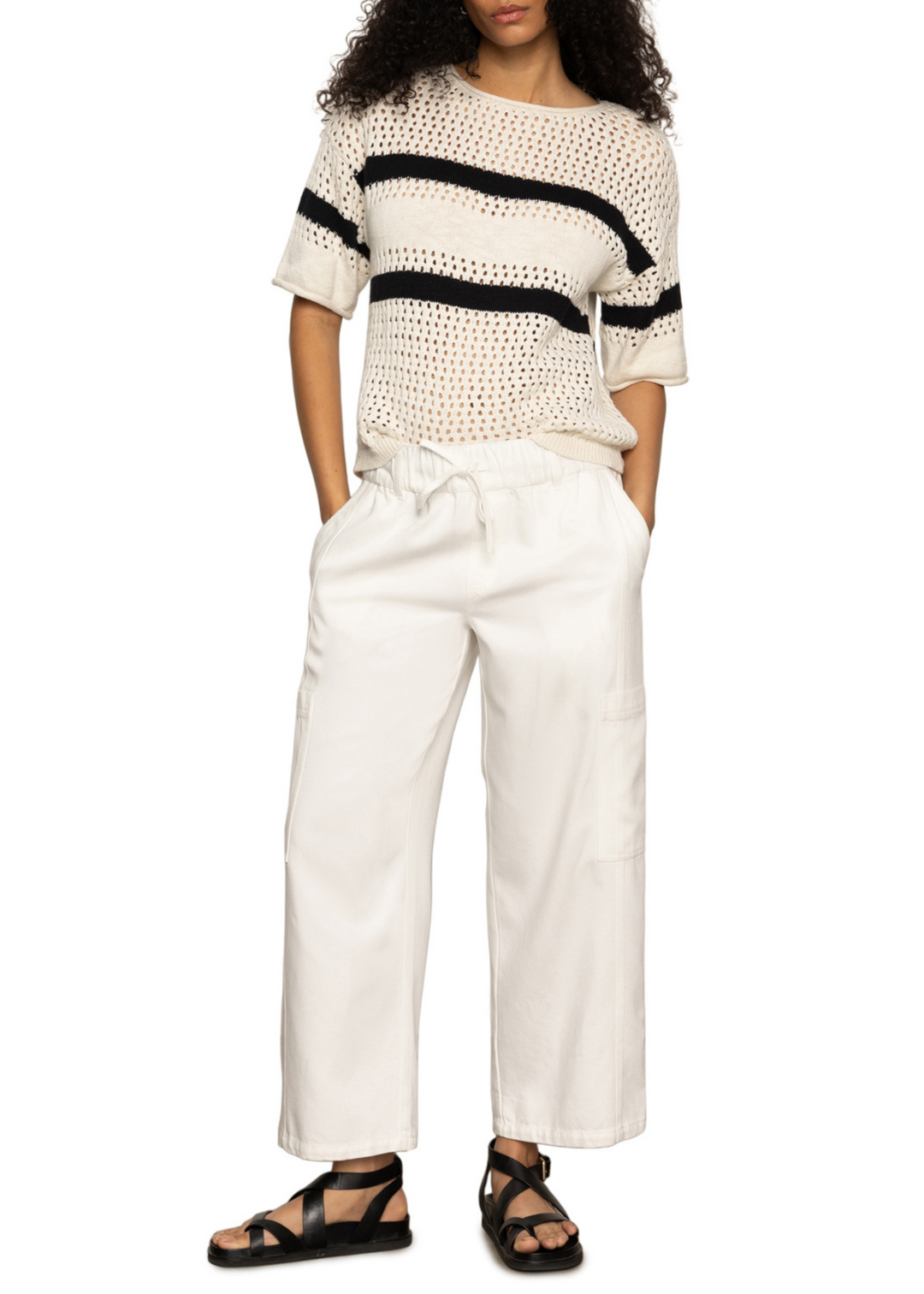  cream and black stripe short sleeve open knit top