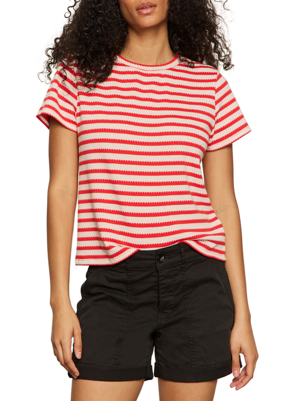 Women's striped textured tee in cayenne and chalk