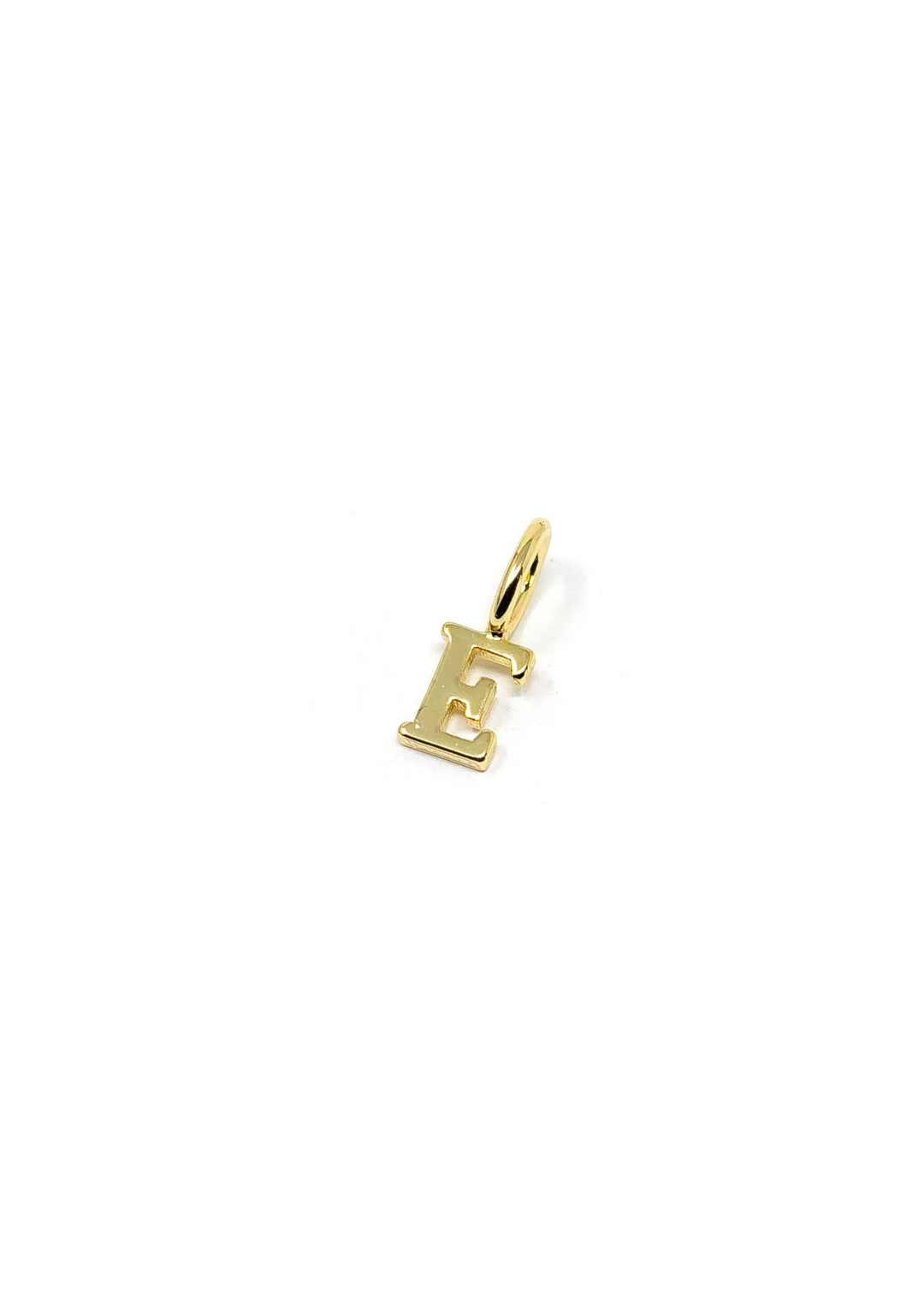 Gold "E" charm on a white background