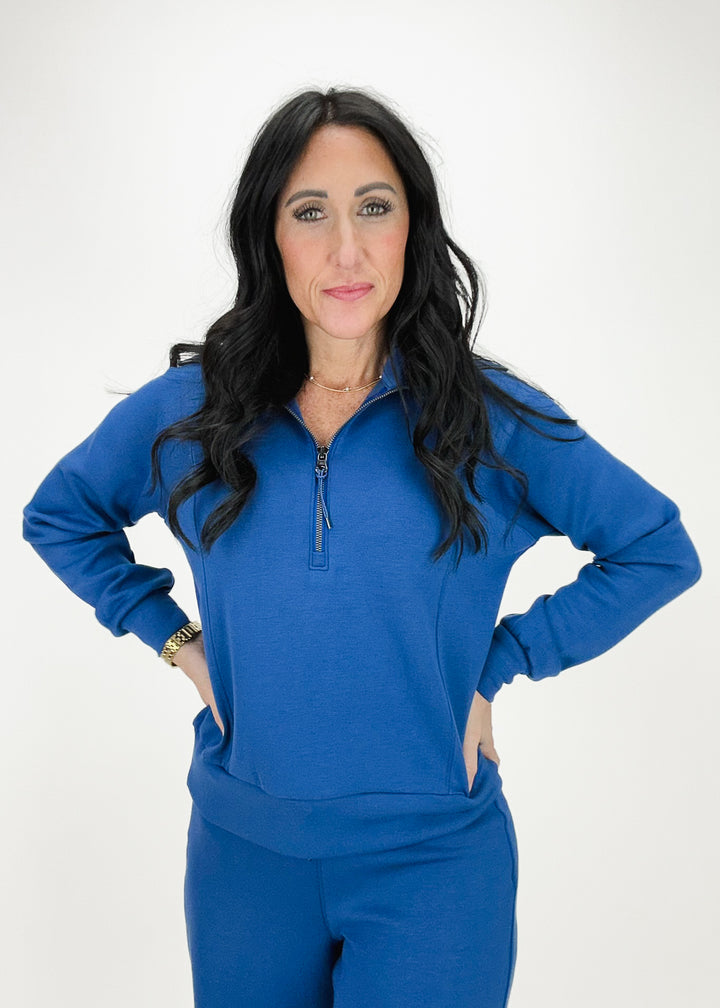 Spanx AirEssentials indigo blue half zip collared sweatshirt