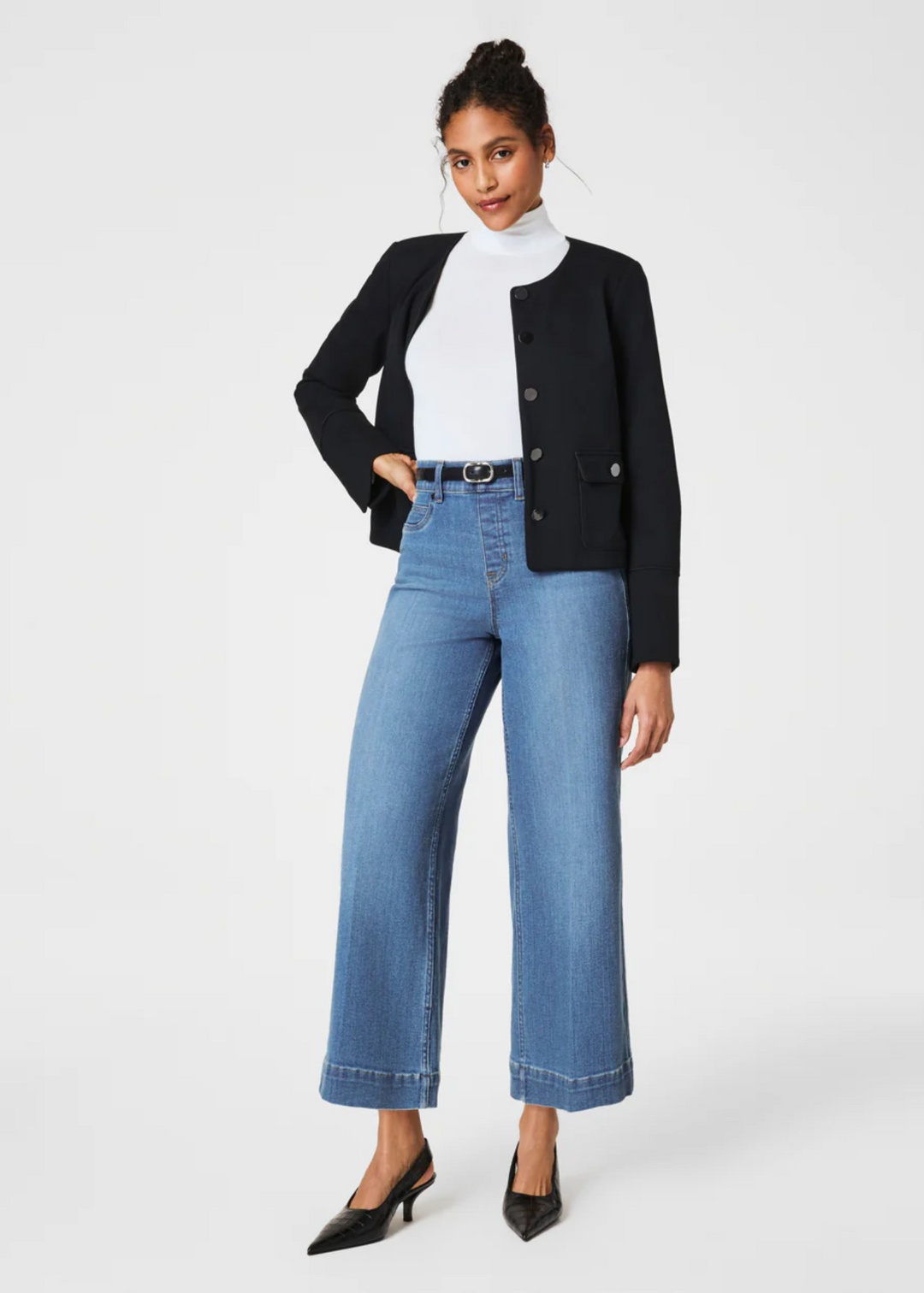 medium wash wide leg blue denim jeans
