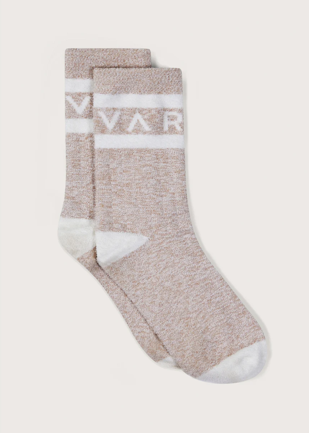 A pair of heathered taupe crew socks with white stripes and the letters 'VAR' in white on the cuff, shown against a light beige background.