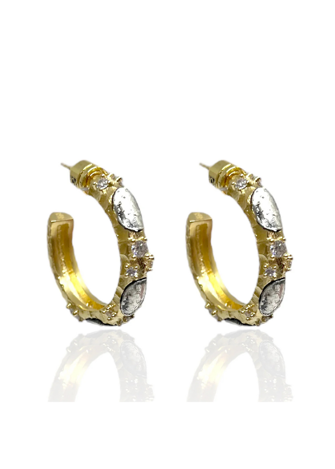 Gold hoop earrings with CZ and silver coin details on a white background
