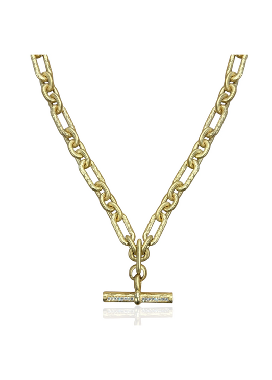 Women's gold chain necklace with a toggle closure and CZ details