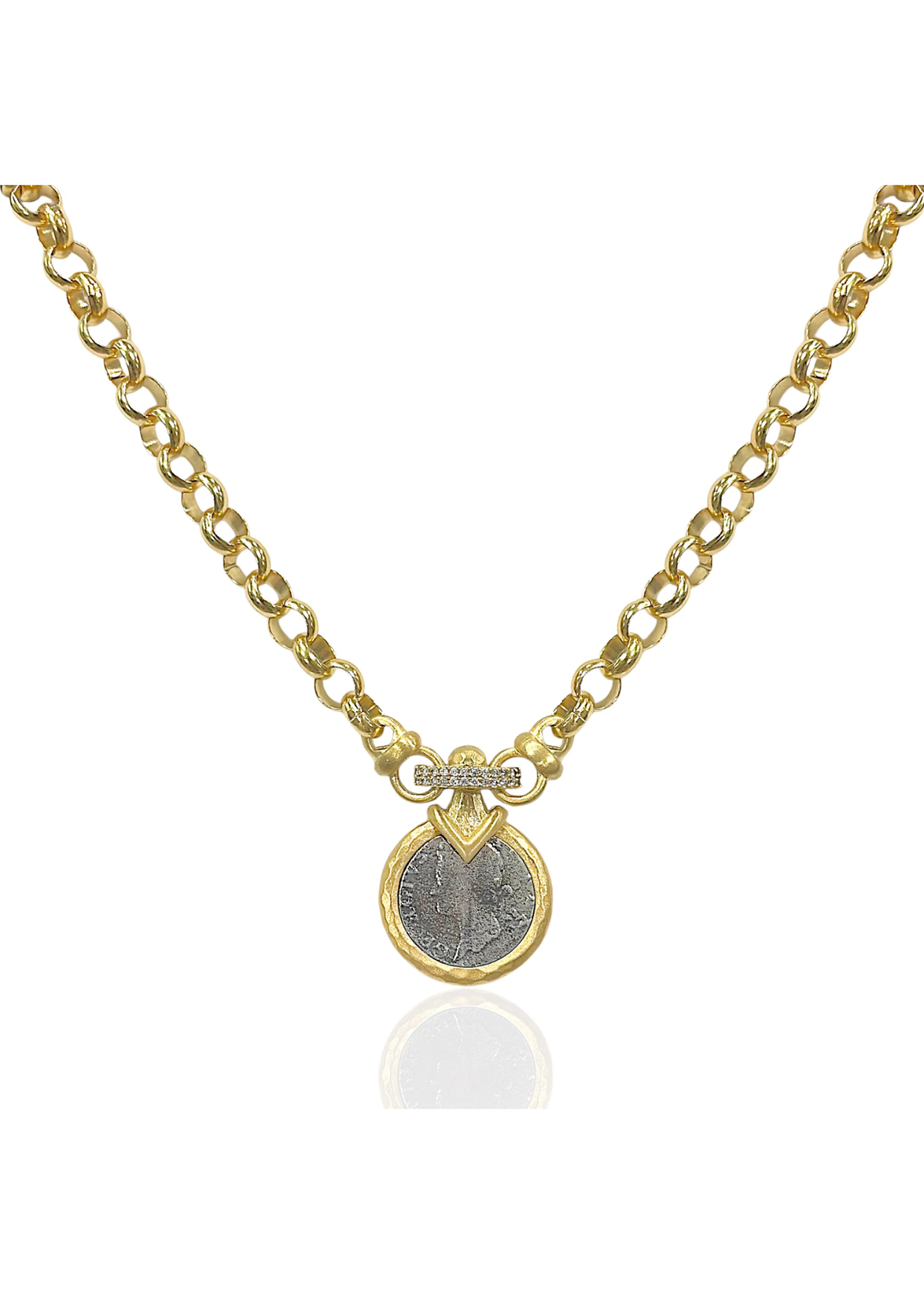Gold chain necklace with a silver coin pendant on a white background