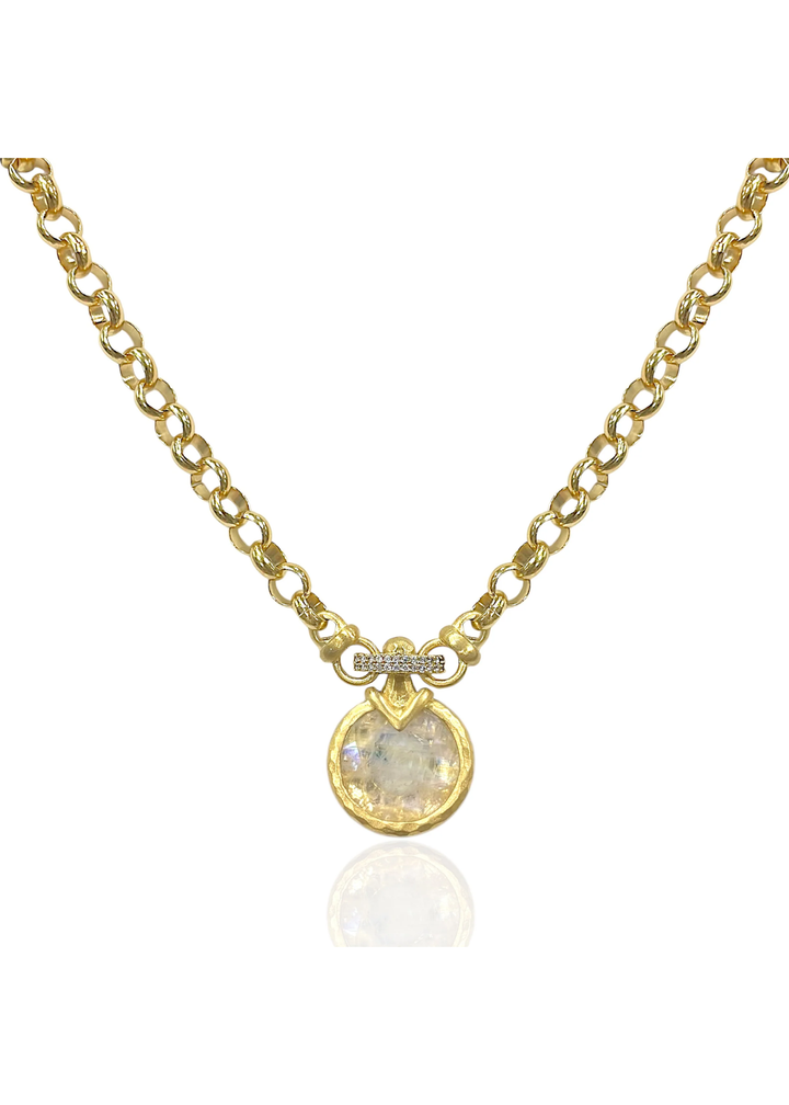 Gold chain necklace with a rainbow moonstone pendant on a white background