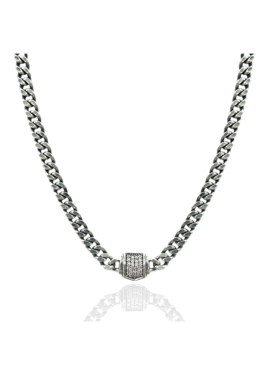 Vintage silver chain necklace with a pave CZ pendant on a white background
