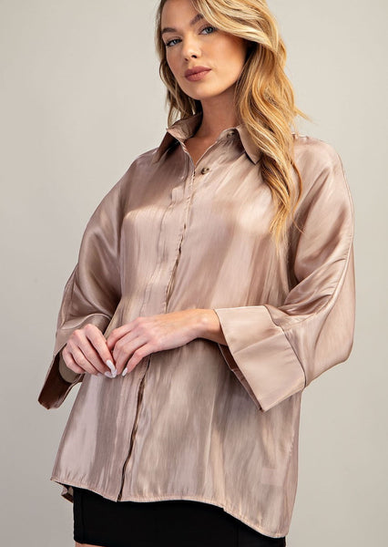 taupe satin button down collared top with wide sleeves and thick cuff details