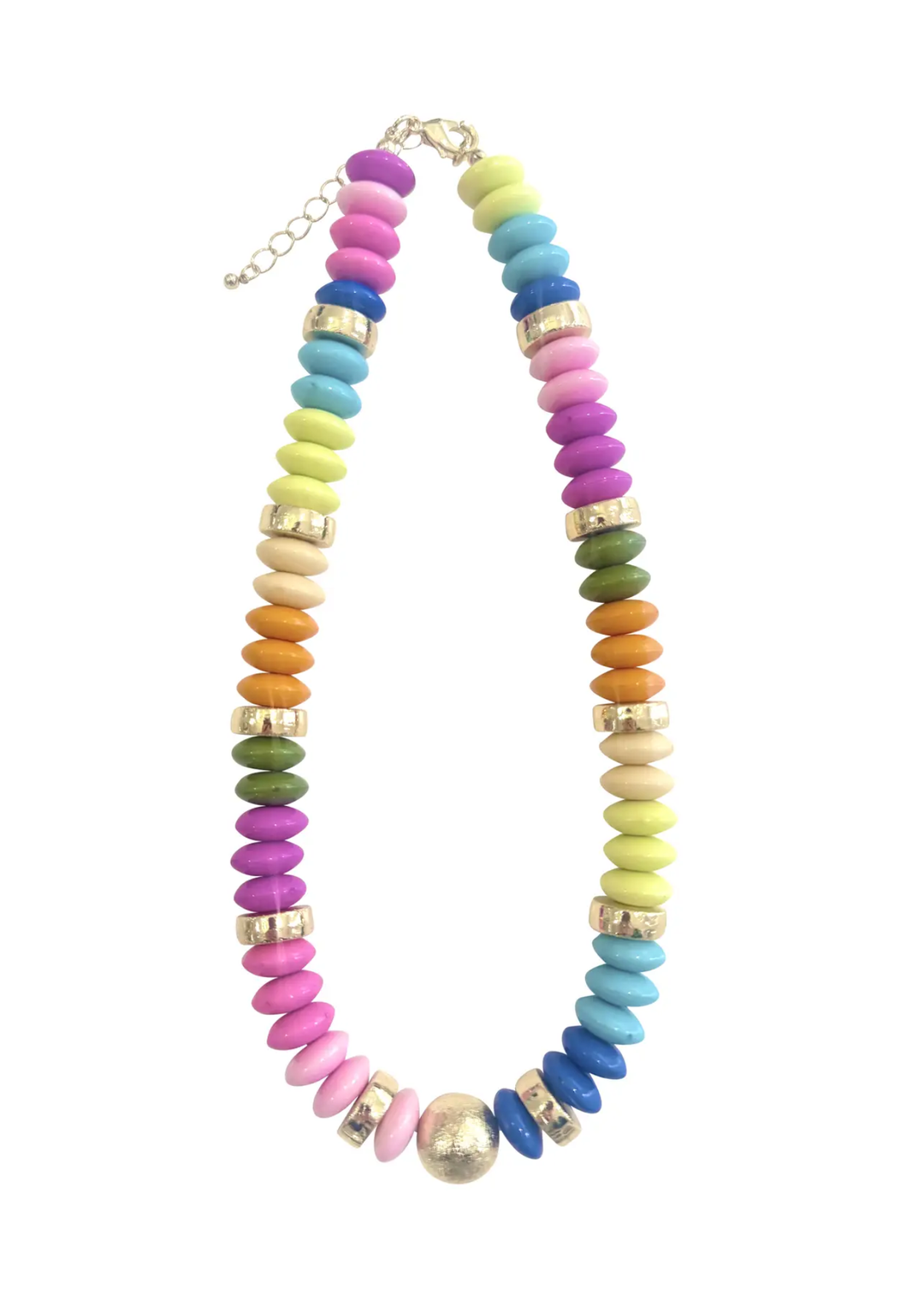Gold and multicolor beaded necklace on a white background