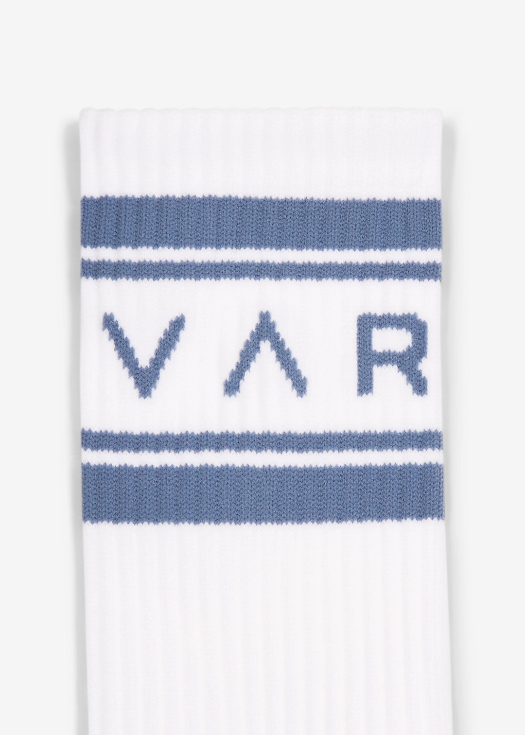 White crew socks with blue heels, stripes, and "VAR" lettering on a white background