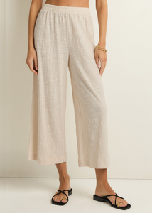 natural linen color textured lightweight elastic waistband wide leg crop beach pant