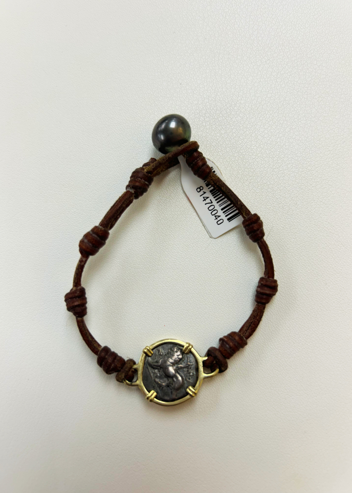 Brown leather and coin bracelet
