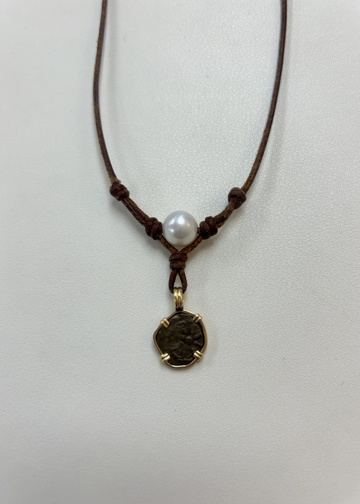 Brown leather necklace with a pearl and vintage coin