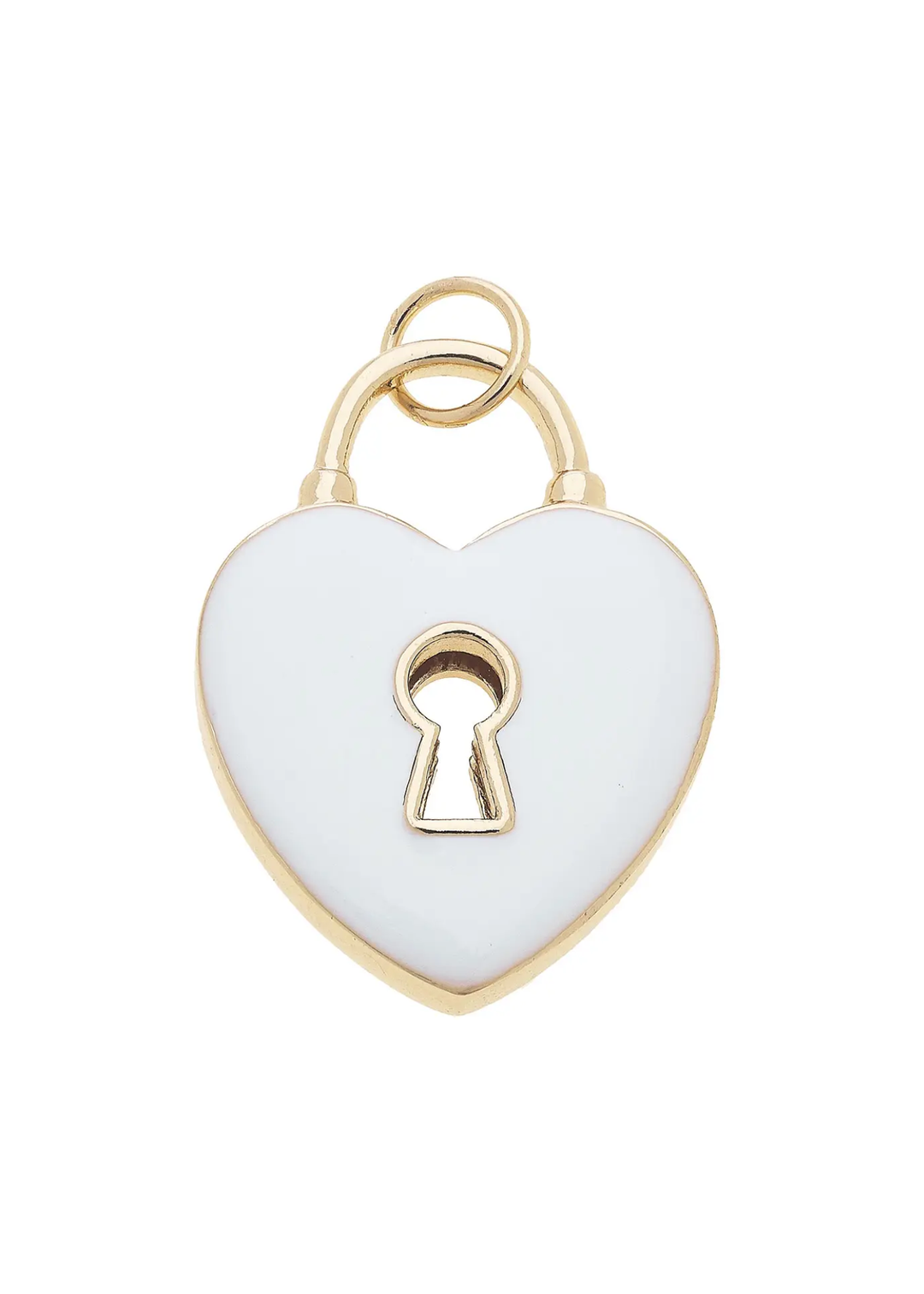 White heart shaped padlock charm with gold trim on a white background