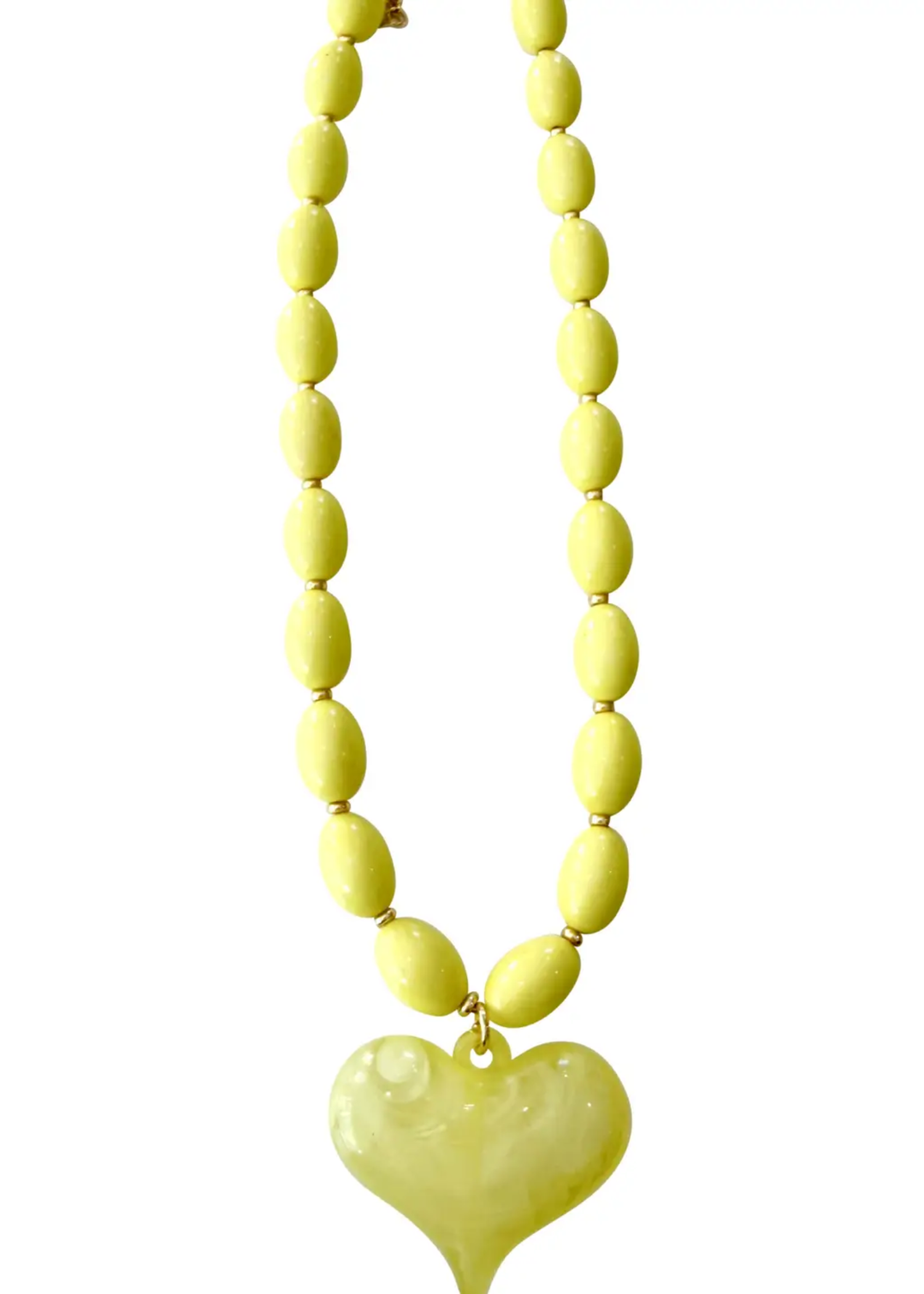 Yellow beaded necklace with a large heart charm on a white background