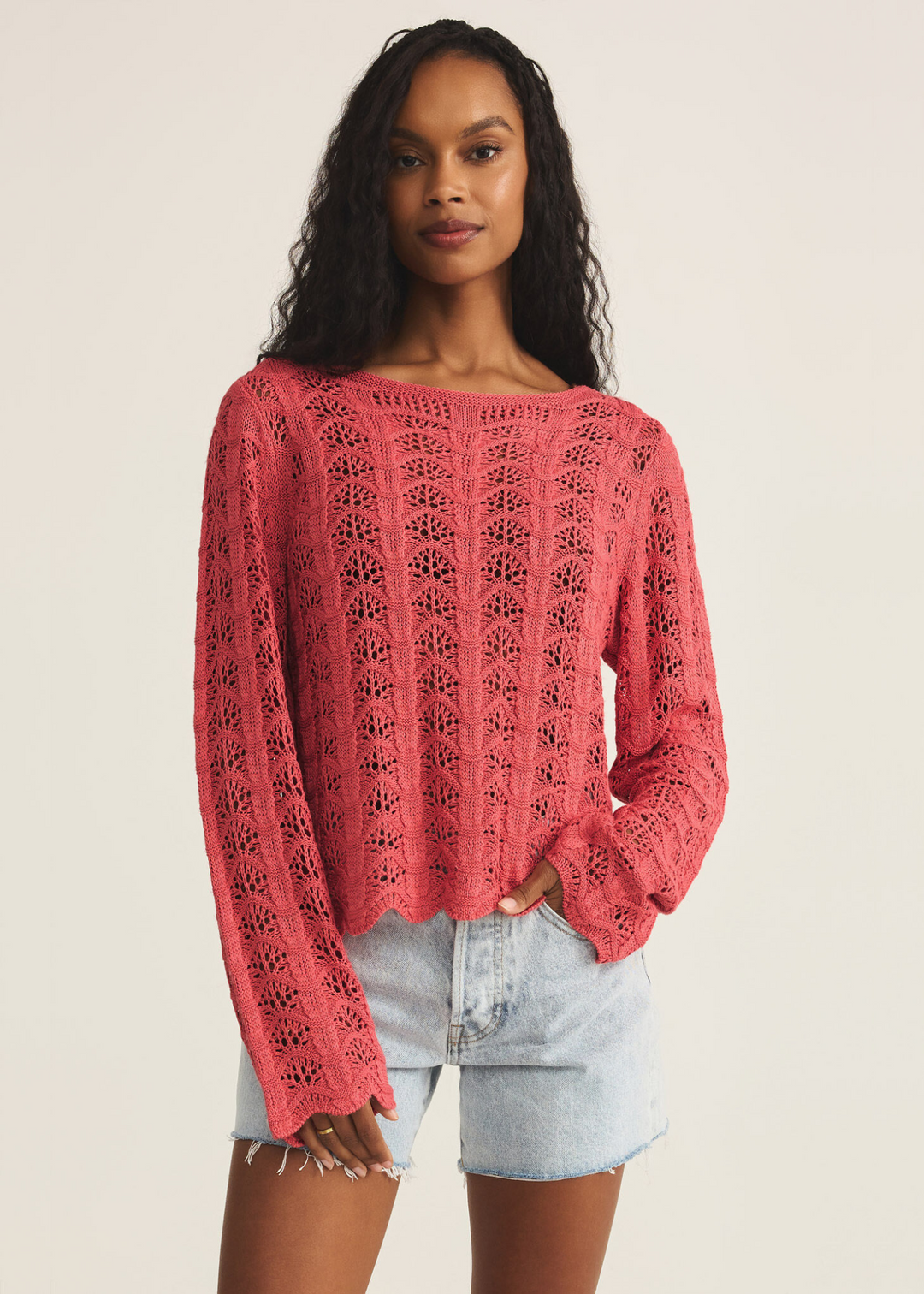 woman wearing Z Supply Azura Crochet textured Sweater in Persimmon coral