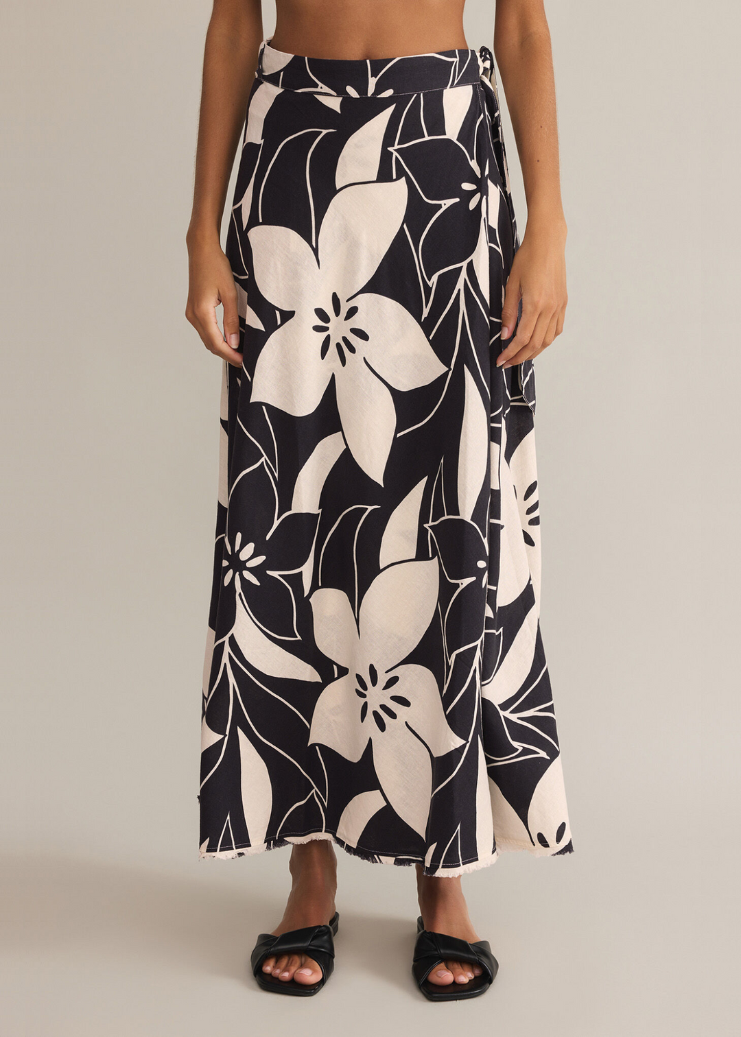 Z Supply Black and cream floral print wrap maxi skirt