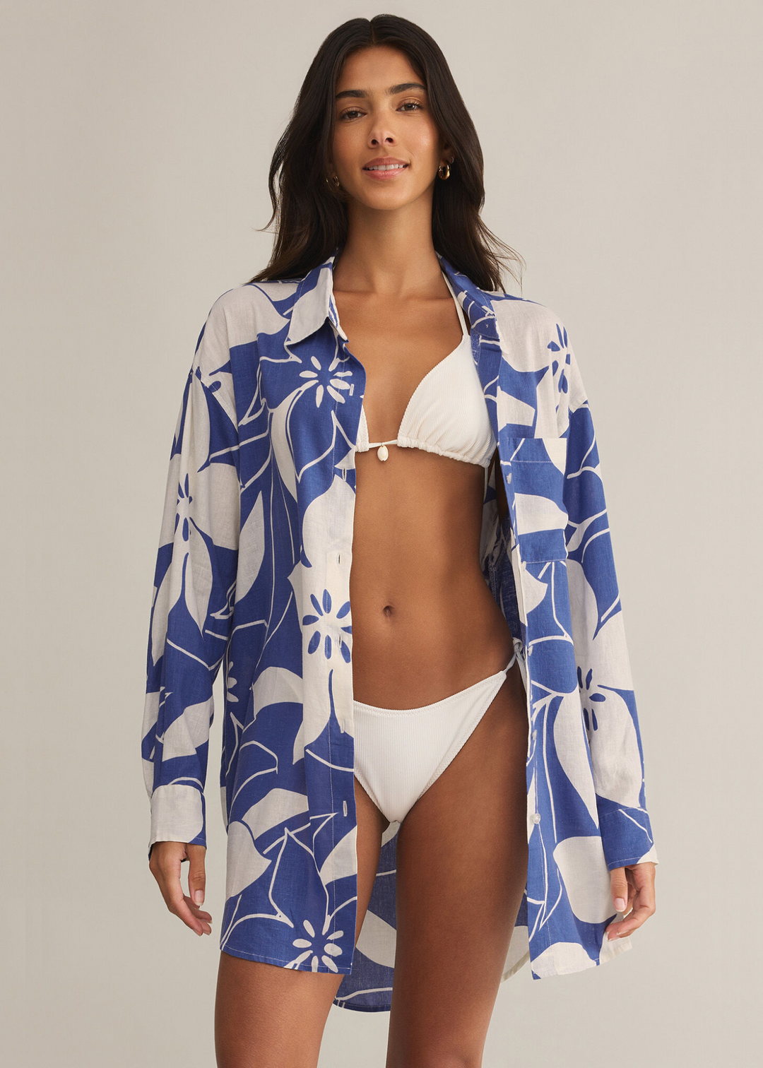Z Supply blue and white floral print collared long sleeve button down top