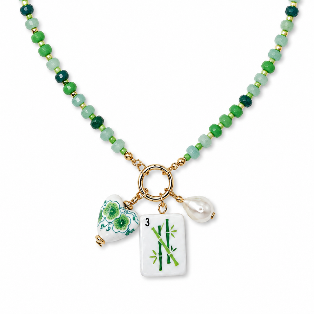 Mahjong Tile Charm Beaded Necklace - Jade Bamboo