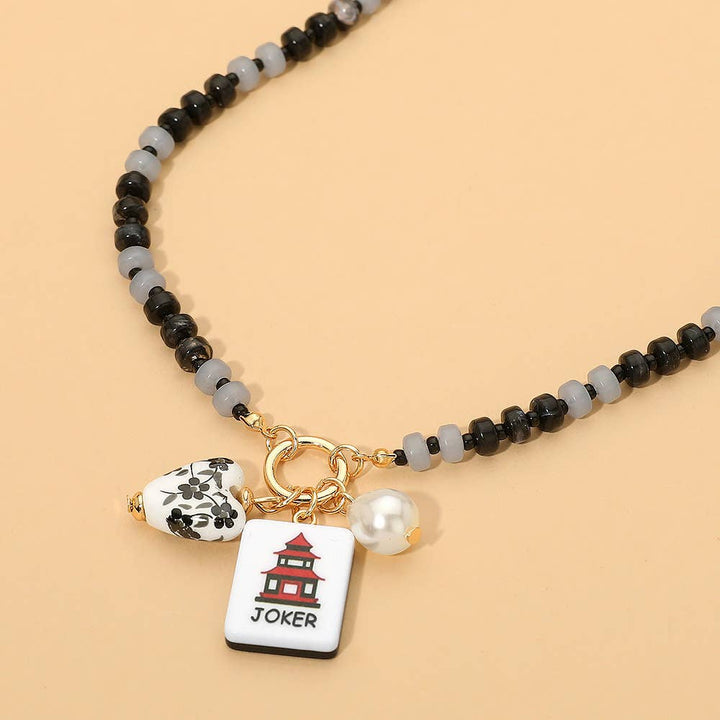Mahjong Tile Charm Beaded Necklace - Black