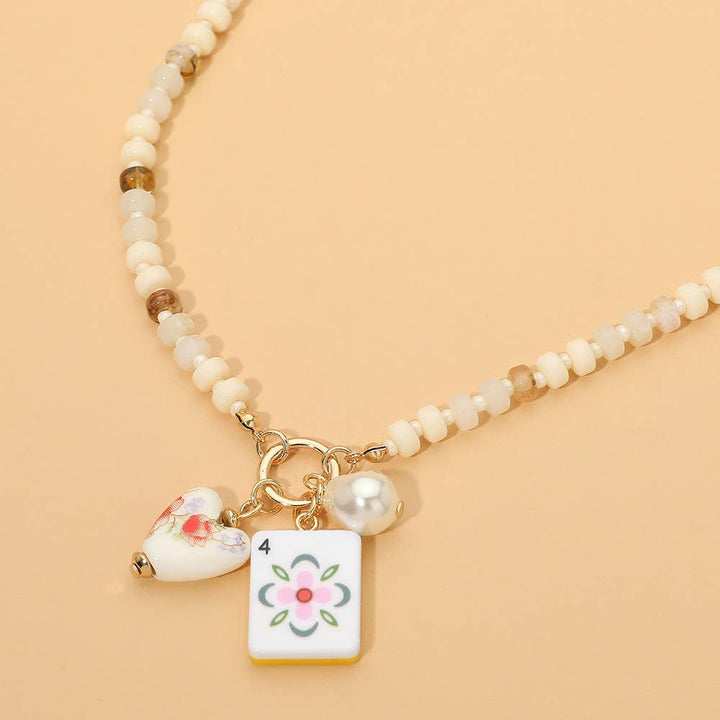 Mahjong Tile Charm Beaded Necklace - Ivory
