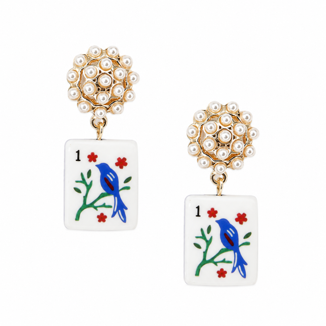 Mahjong Tile Pearl Cluster Drop Earrings - Blue Bird