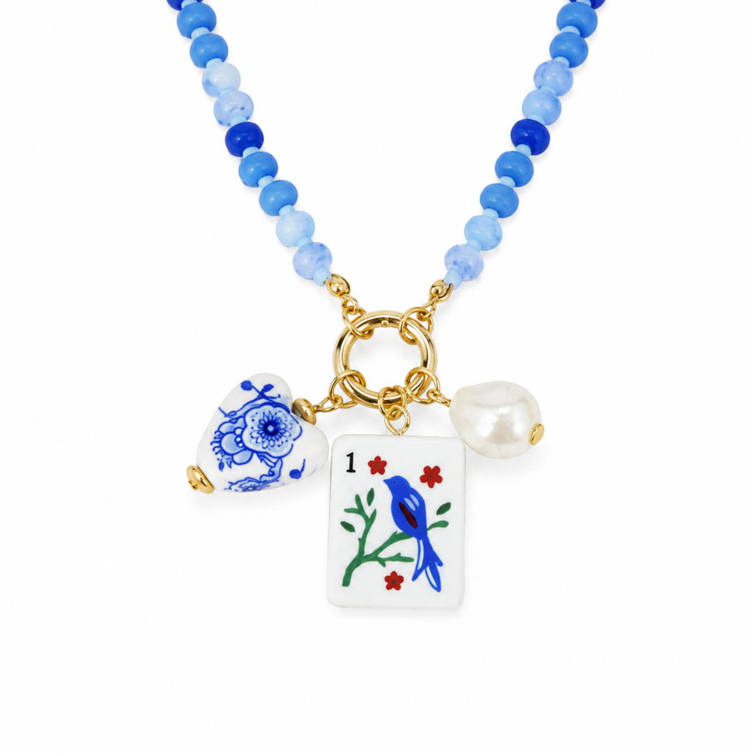Mahjong Tile Charm Beaded Necklace - Blue Bird