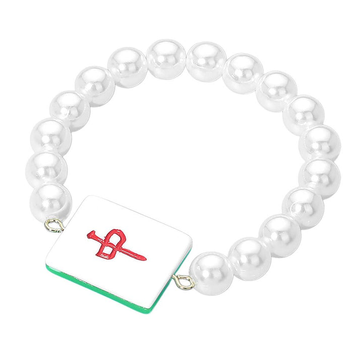 Mahjong Tile Accent Pearl Beaded Stretch Bracelet