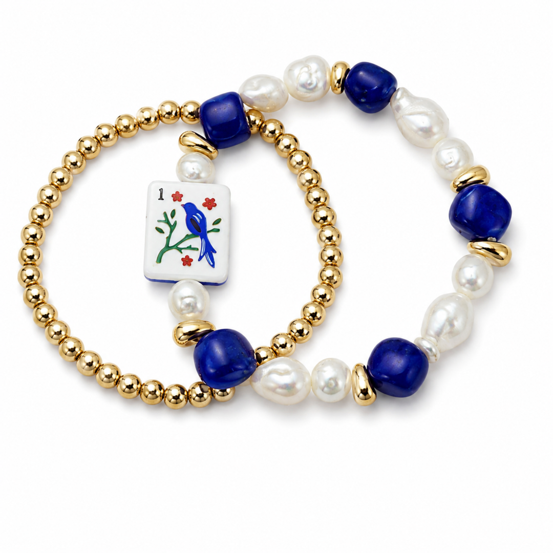 Mahjong Tile Beaded Bracelet, 2-Piece Set - Blue Bird