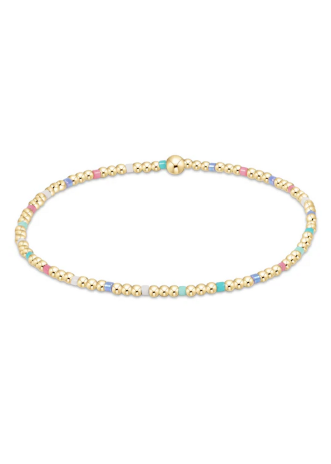Little girl's beaded bracelet with gold and various multi-colored beads on a white background