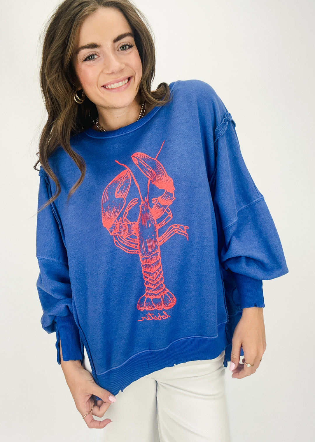 royal blue lobster graphic oversized sweatshirt with raw hem and distress details 