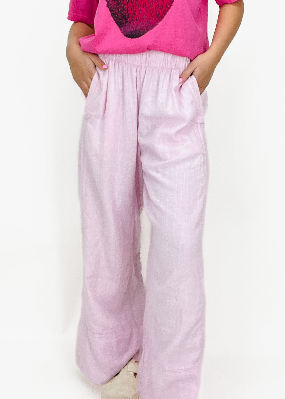 Free People pink wide leg linen pants with elastic waistband and front pockets