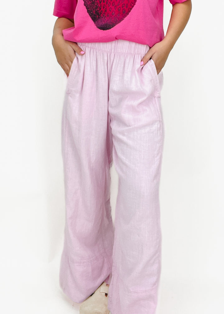 Free People pink wide leg linen pants with elastic waistband and front pockets