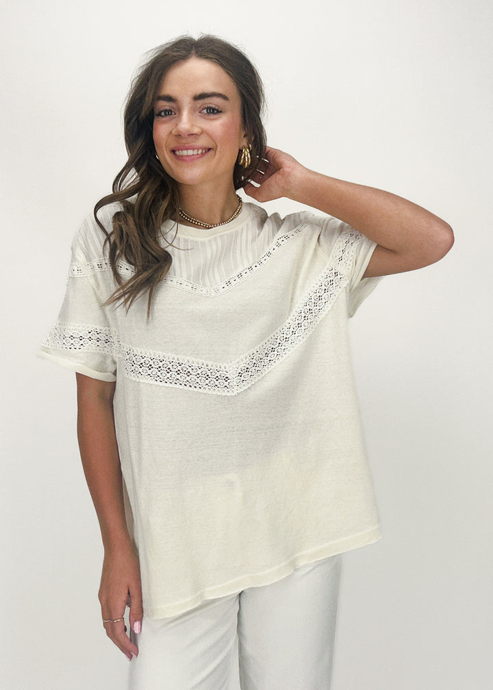 Off white short sleeve tee shirt with chevron lace details