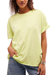 lime yellow tee shirt with raw hem short sleeves that can be rolled or unrolled