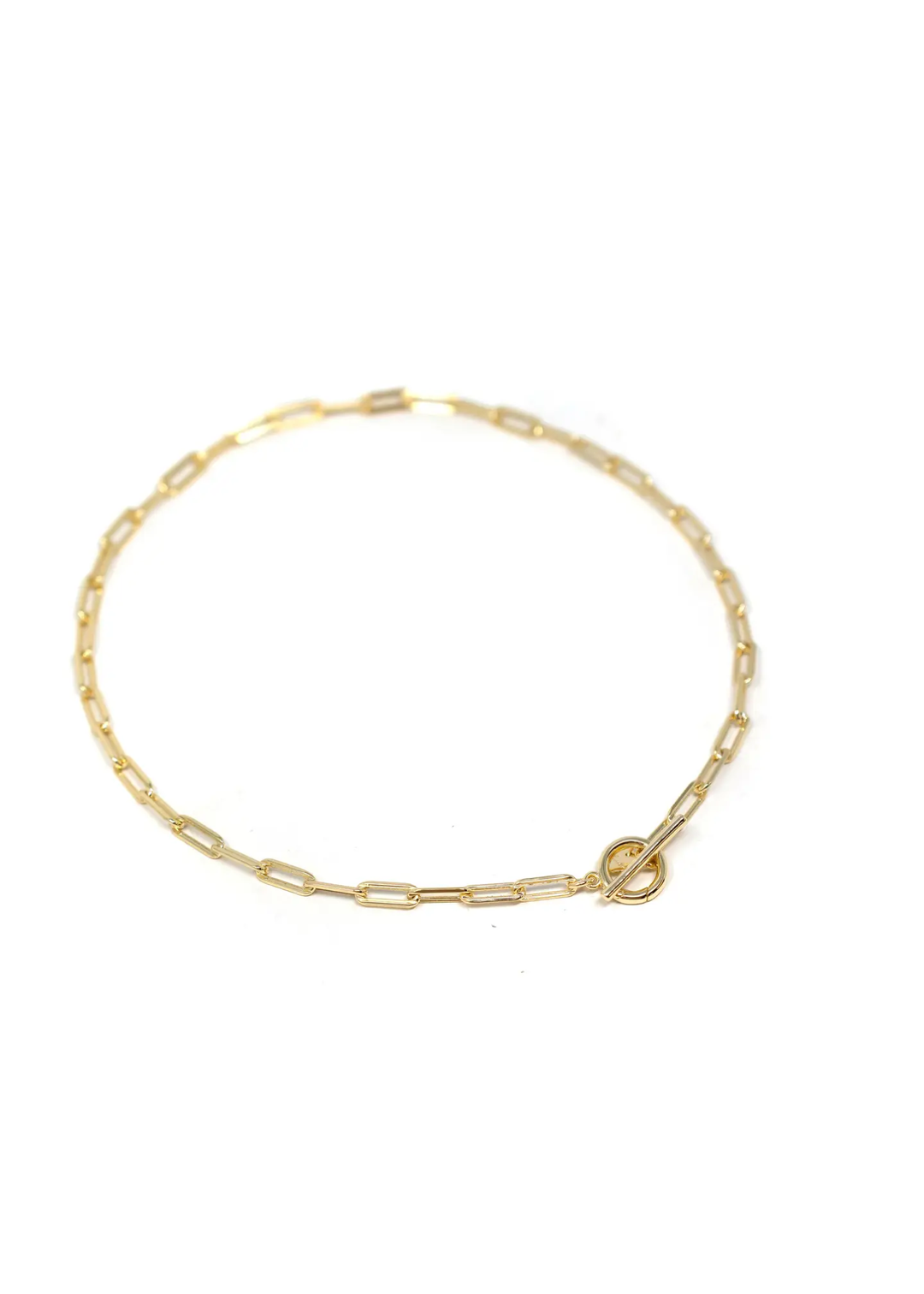 Gold chain necklace with clasp in the front for charms. 