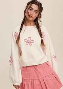 cream sweater with pink and mint flowers