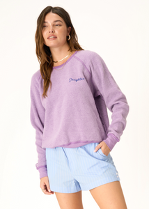 lilac reversible sweatshirt with one side that says "daughter" in cursive on left chest with fleece fabric and other side says "mommy" in cursive with cotton fabric