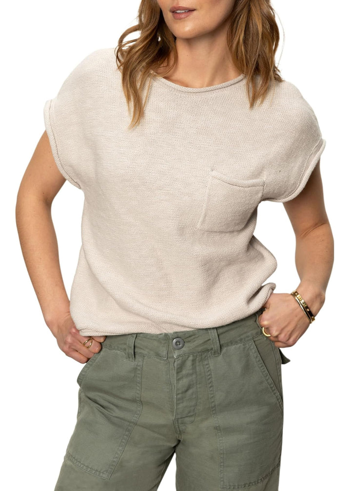 Sanctuary Clothing cream cap sleeve knit sweater tee with rolled hems and front chest pocket 