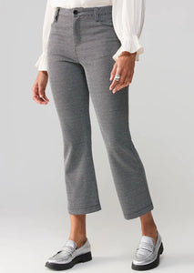 crop flare fitted grey checker leggings with button and belt loops