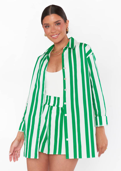 green and white stripe long sleeve button down collared shirt