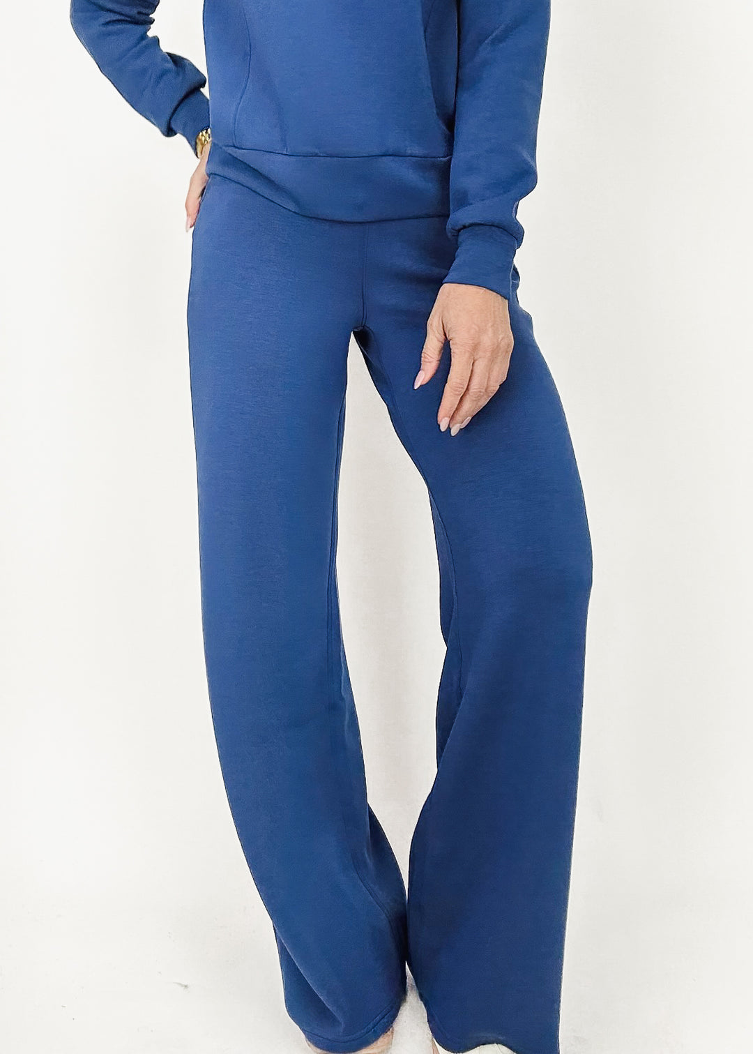 indigo blue wide leg drawstring sweatpants