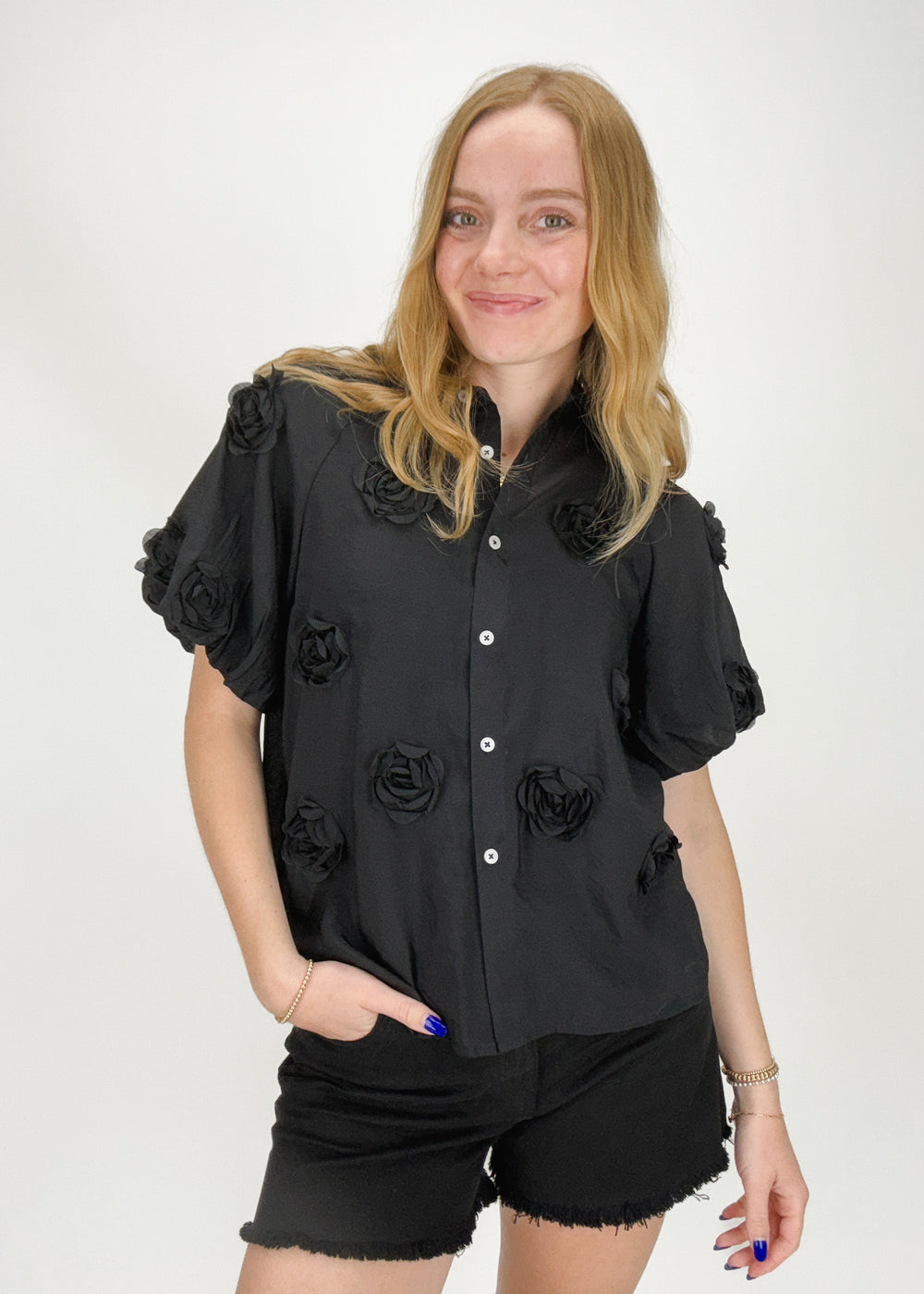 Black short puff sleeve button down with 3D rose appliqués all over