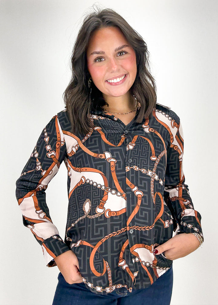 Woman wearing a patterned shirt 