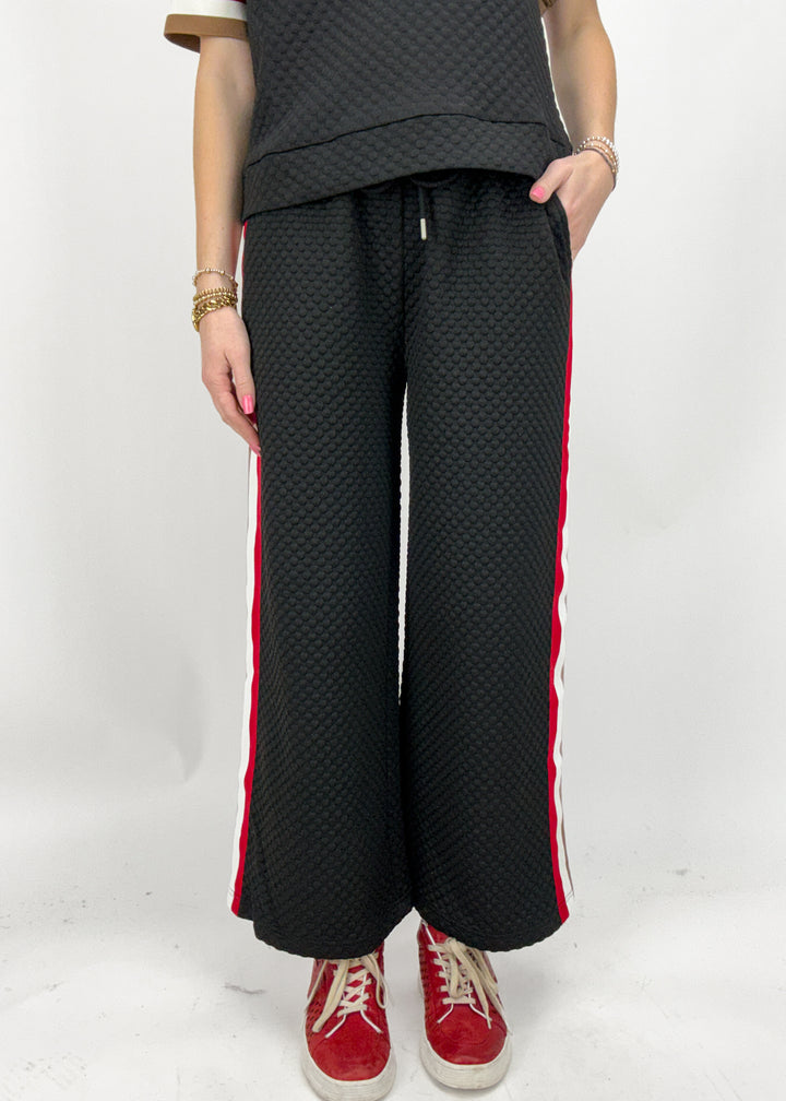 Person wearing black textured pants with red stripes on a white background