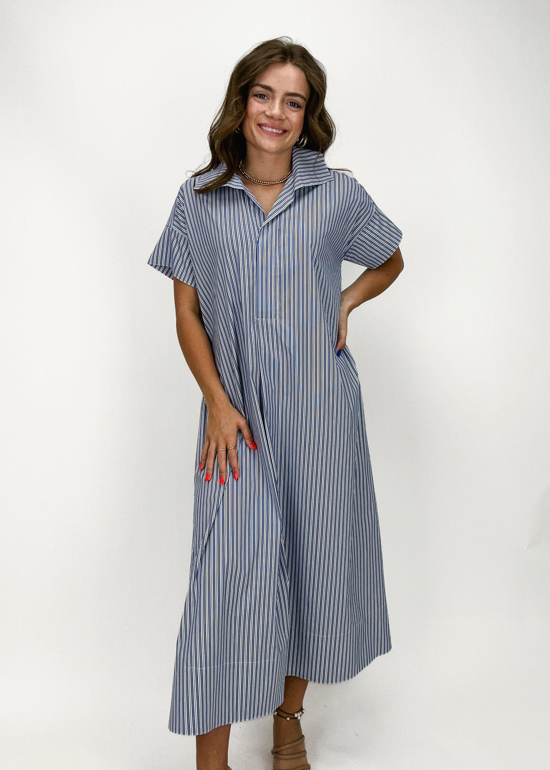 Elan women's blue and white striped collared short sleeve maxi dress