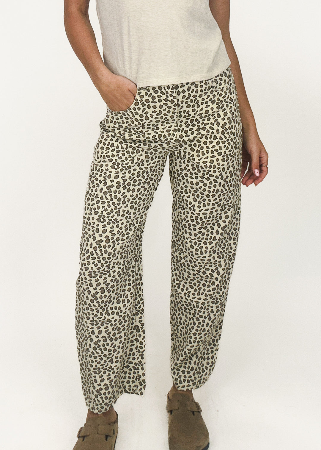 micro leopard print wide leg barrel pants