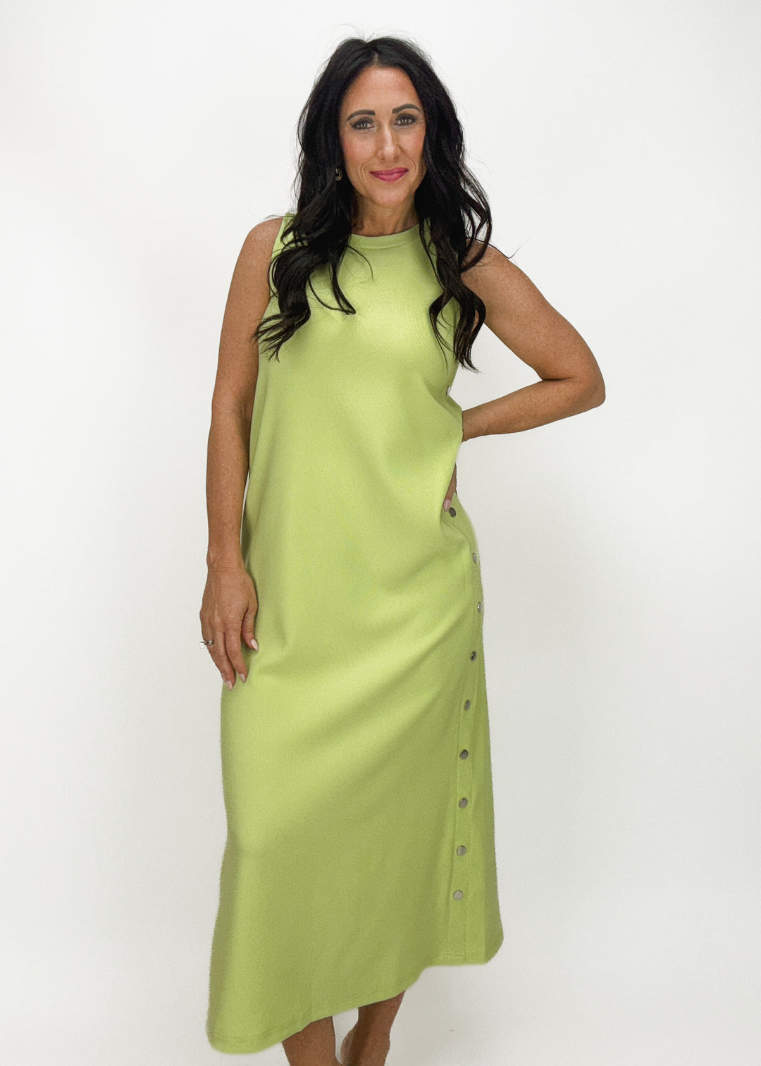 lime green sleeveless high neck midi dress with silver side button accents
