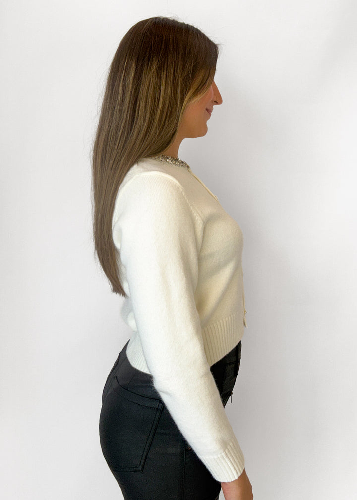 Molly Rhinestone Cardigan - White